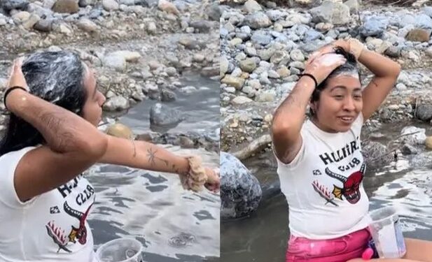 Una mujer regia fue captada bañándose con el agua acumulada en el río Santa Catarina por lo que fue criticada en redes sociales.