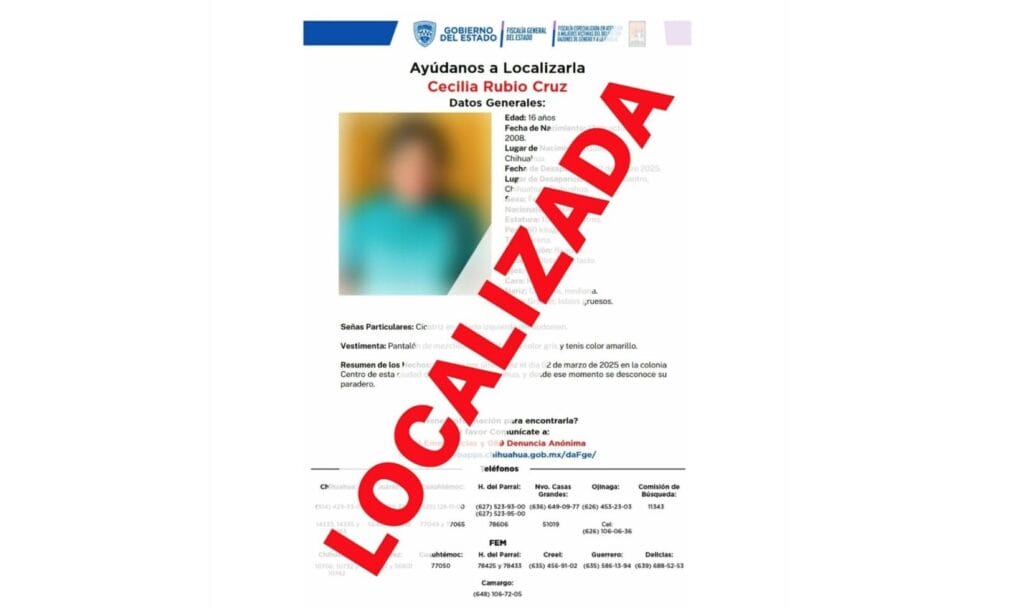 Adolescente reportada como ausente en Chihuahua es localizada sana y salva; su ausencia fue voluntaria