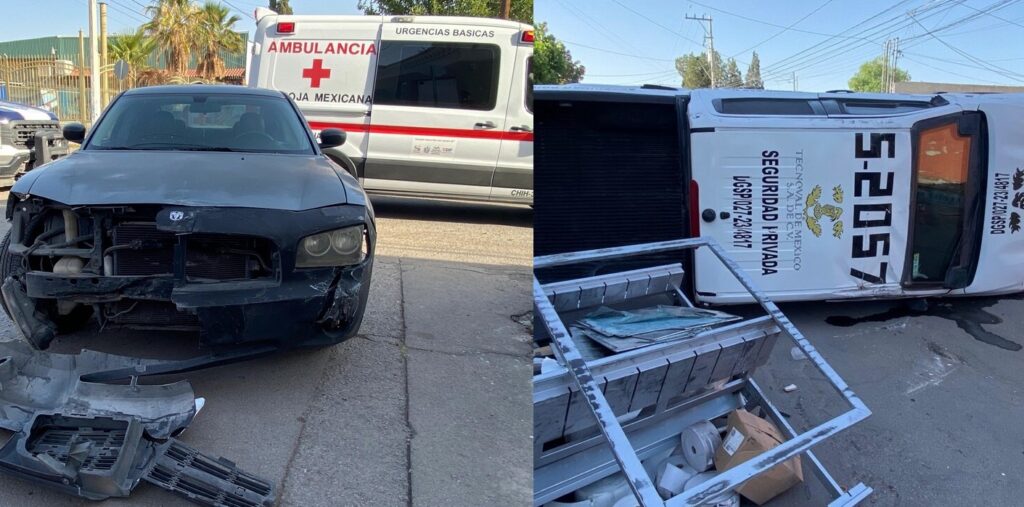 Una unidad de la empresa Tecnoval terminó volcada tras omitir un señalamiento de alto y ser impactada por un vehículo particular. El conductor fue atendido por paramédicos.