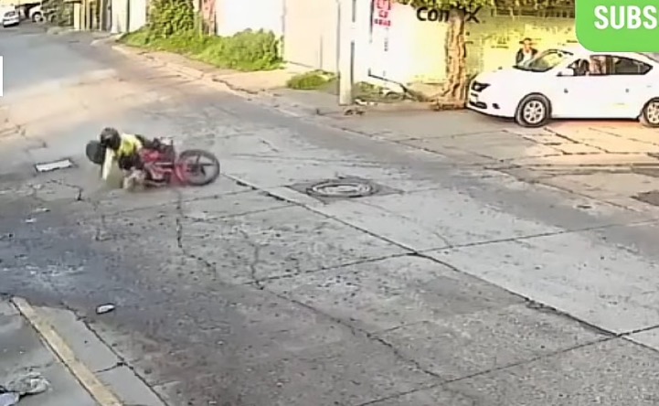 El insólito momento fue captado en Michoacán; el motociclista resultó lesionado y el perro... siguió corriendo