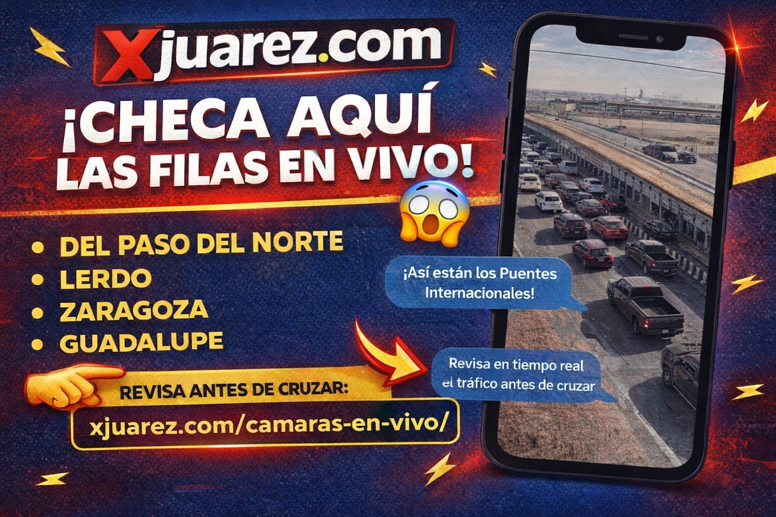 Así puedes ver EN VIVO las filas en los puentes internacionales de Juárez