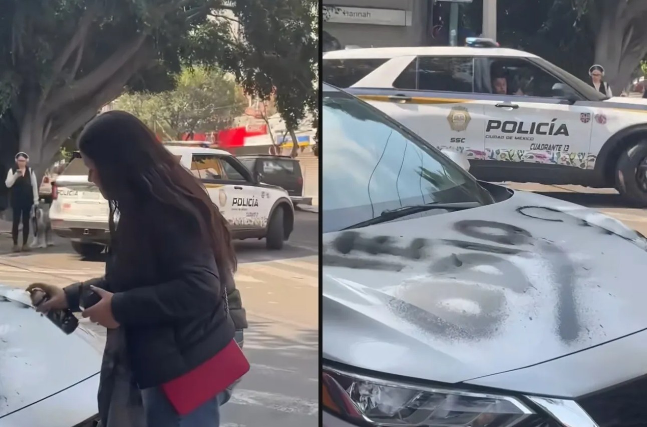 Mujer grafitea “te odio” en auto de su pareja y lo hace frente a policías 1