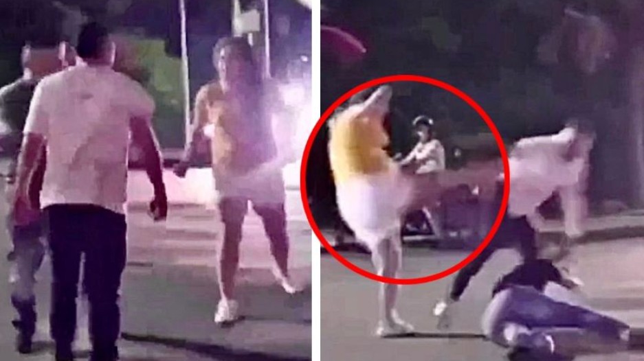 Mujer se vuelve viral por defender a su esposo con una p4tada voladora 1