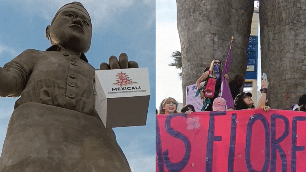 "No se va a caer, lo vamos a tirar": Marea violeta toma el Monumento al Cocinero Chino en Mexicali