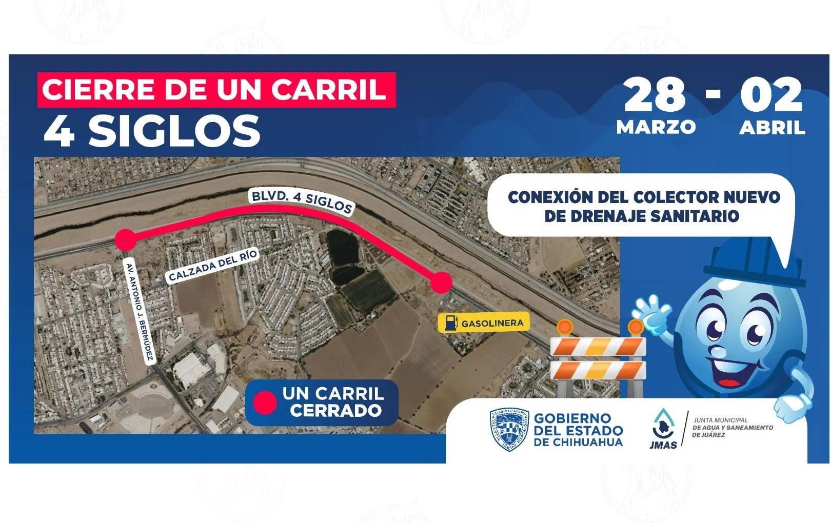 ATENTO AVISO: Cerrará JMAS carril en el Cuatro Siglos por obras de conexión 1