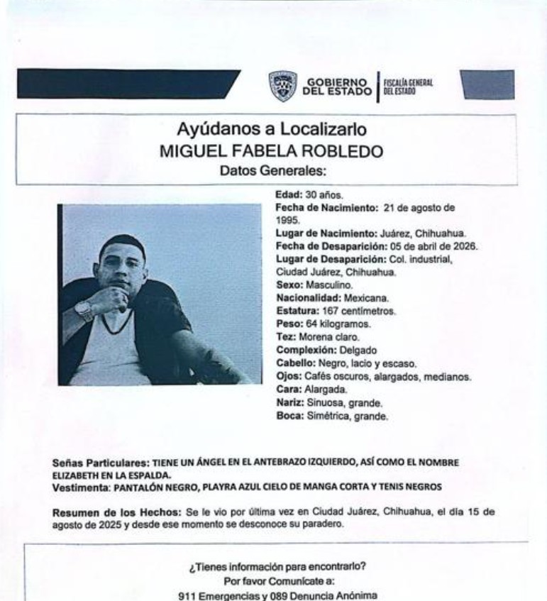 Buscan a Miguel Fabela Robledo, desaparecido en la colonia Industrial 2