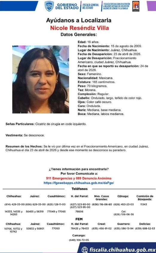 Buscan a Nicole Reséndiz, menor des4par3cida en Ciudad Juárez 2