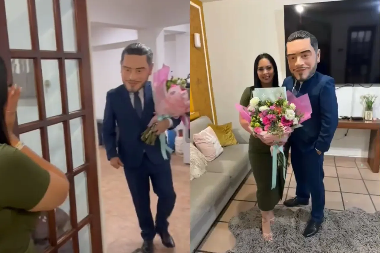 Flores, máscara de Harfuch y furor en TikTok: el “novio de México” 78 Un repartidor con el rostro del secretario sorprendió a una mujer y desató una ola de reacciones en redes sociales