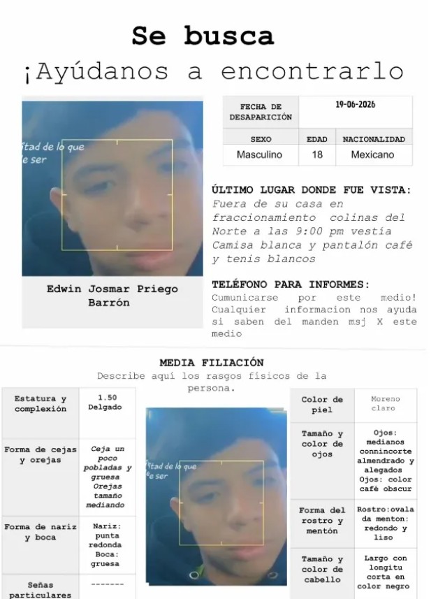 Buscan a Edwin Josmar, joven de 18 años des4parec1do en Colinas del Norte 2
