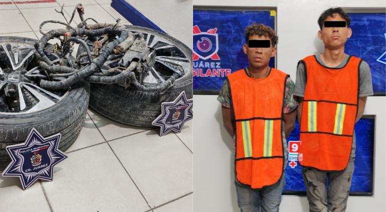 Arrestan a dos hombres tras ser sorprendidos presuntamente saqueando autopartes dentro del Corralón Municipal