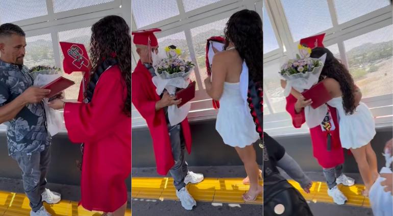 Joven conmueve al entregar su toga de graduación a su padre en el puente