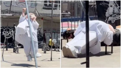 Dr. Simi se vuelve viral al poner a prueba su fuerza con ejercicios de calistenia 39 La botarga intentó superar barras, hacer lagartijas y sostenerse en un pasamanos durante una divertida rutina en un parque.
