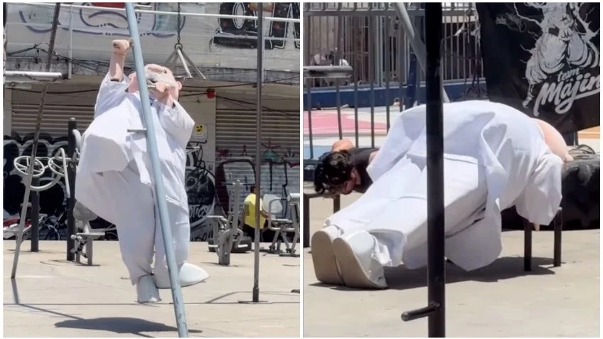 La botarga intentó superar barras, hacer lagartijas y sostenerse en un pasamanos durante una divertida rutina en un parque.