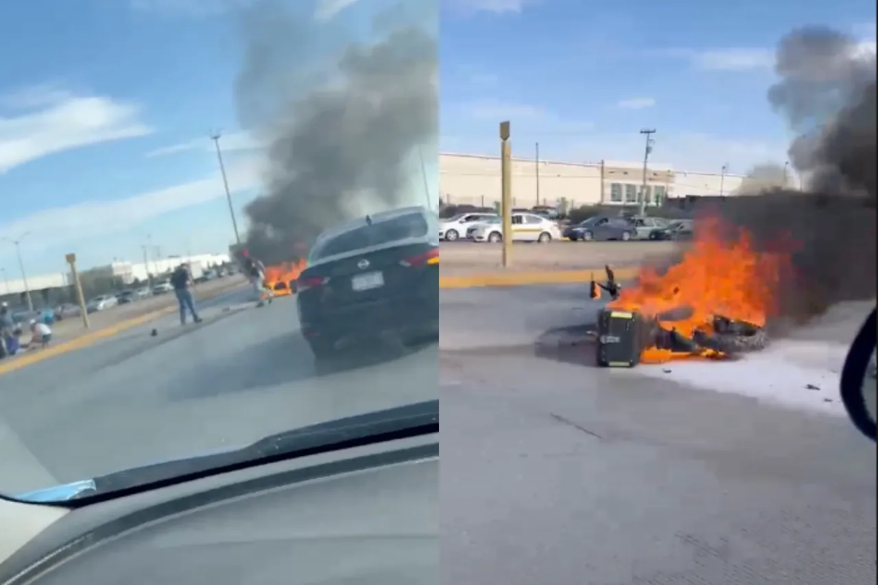 Una motocicleta se incendió tras un percance en la avenida De las Torres y Bravos, en Ciudad Juárez. El conductor resultó lesionado y ciudadanos lograron sofocar el fuego con un extintor.