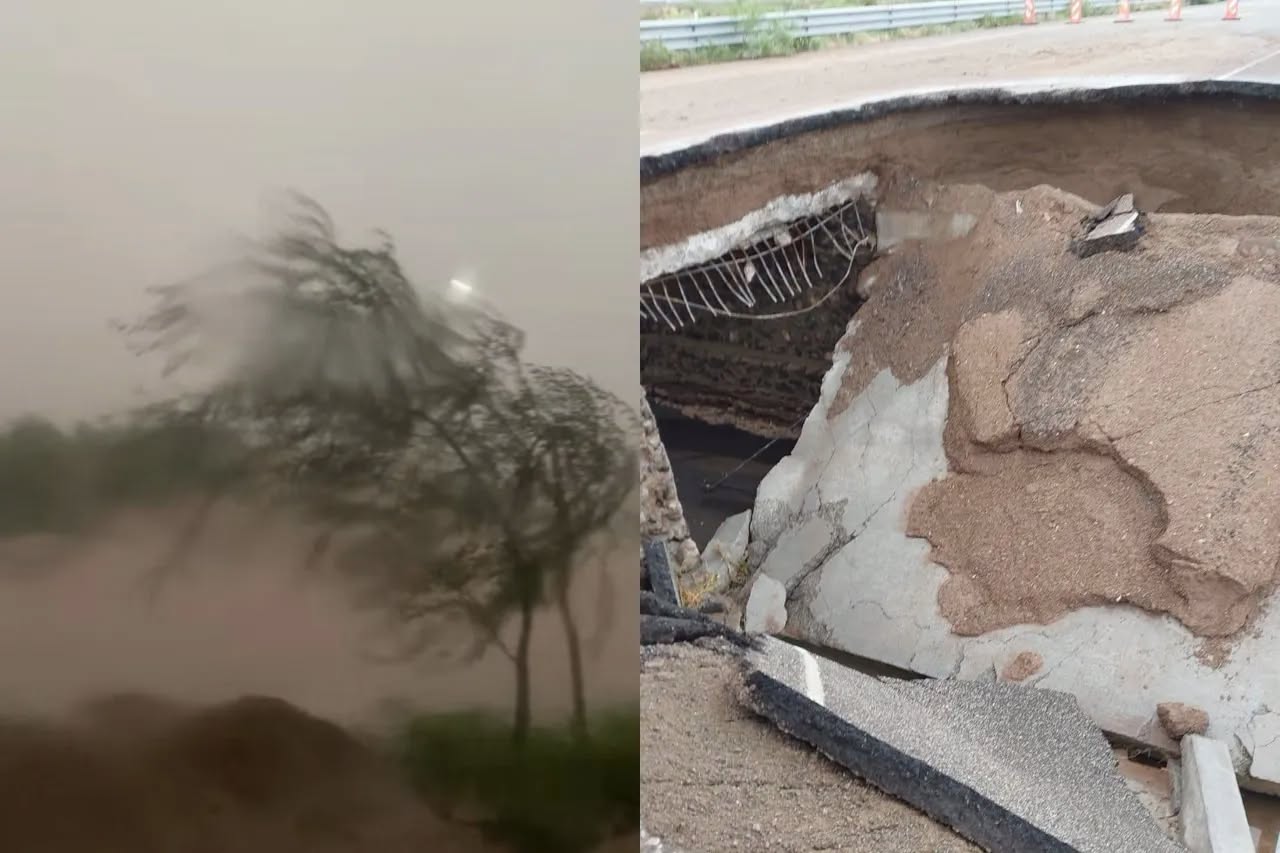 El fuerte temporal provocó inundaciones, deslaves y un enorme socavón que obligó al cierre total de la carretera entre el Ejido Ley Seis de Enero y Puerto Palomas de Villa; autoridades mantienen un operativo de atención a las familias afectadas.