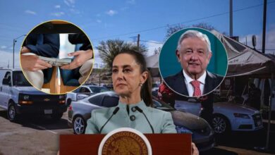 Luego de que Sheinbaum eliminó el programa de regularización de autos chocolate de AMLO, loteros denunciaron sob.ornos 2 Composición sobre autos chocolate con Claudia Sheinbaum, Andrés Manuel López Obrador y vehículos usados