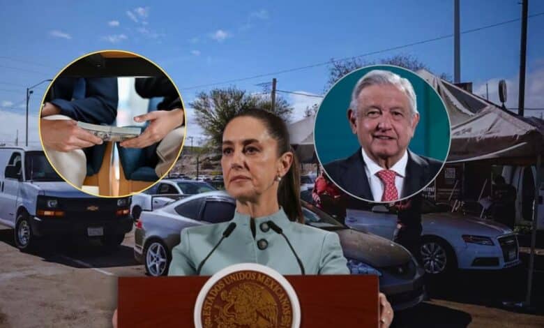 Luego de que Sheinbaum eliminó el programa de regularización de autos chocolate de AMLO, loteros denunciaron sob.ornos 1 Composición sobre autos chocolate con Claudia Sheinbaum, Andrés Manuel López Obrador y vehículos usados