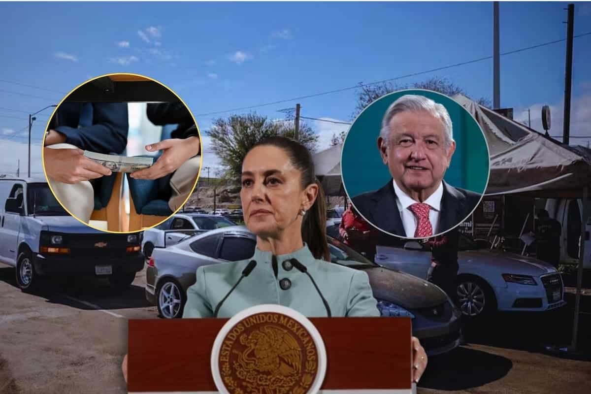 Composición sobre autos chocolate con Claudia Sheinbaum, Andrés Manuel López Obrador y vehículos usados