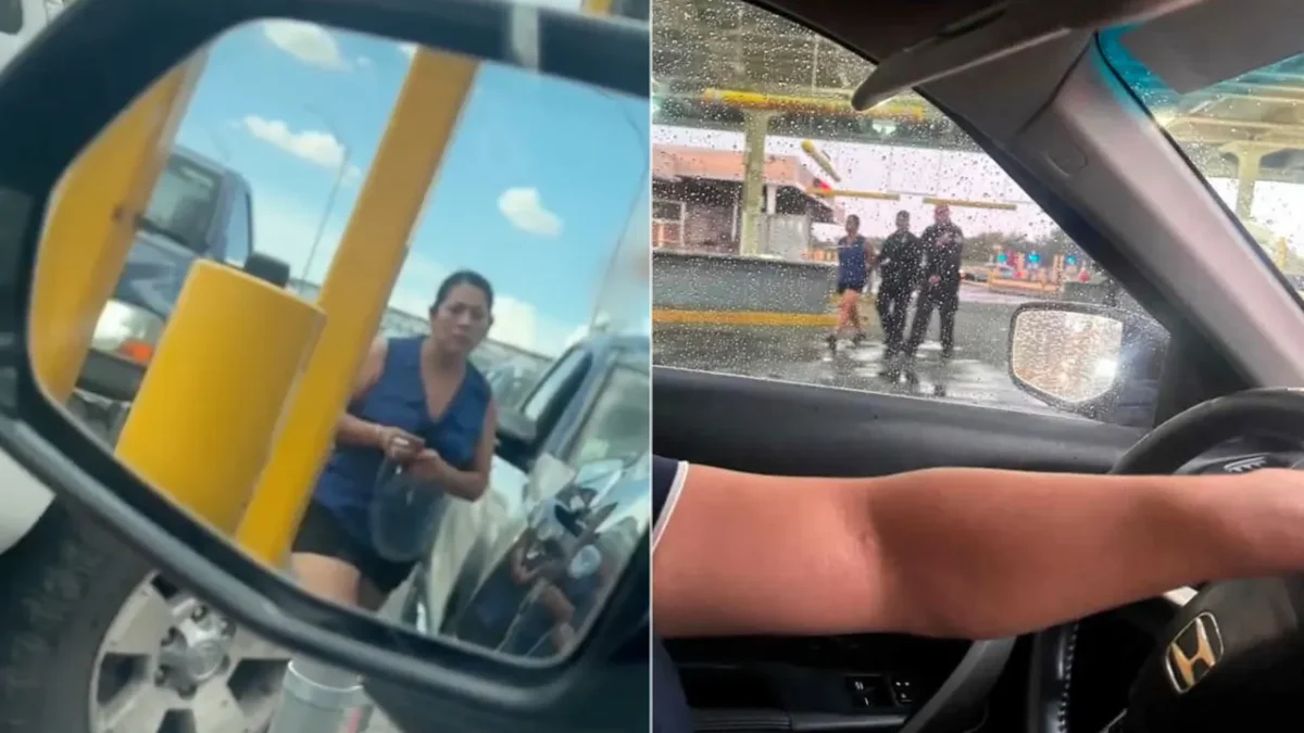 Agentes de CBP escoltan esposada a una mujer tras una disputa en la fila del Puente Libre