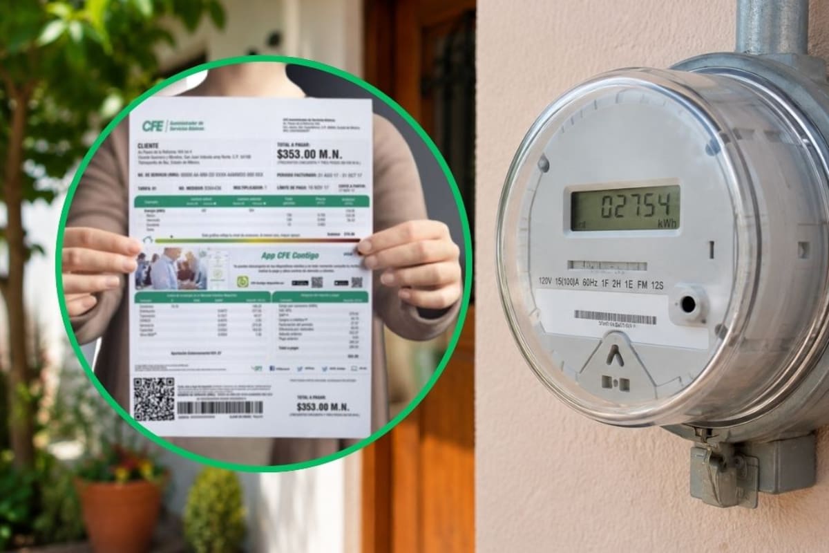 Medidor eléctrico junto a un recibo de luz de la CFE para solicitar el cambio de titular