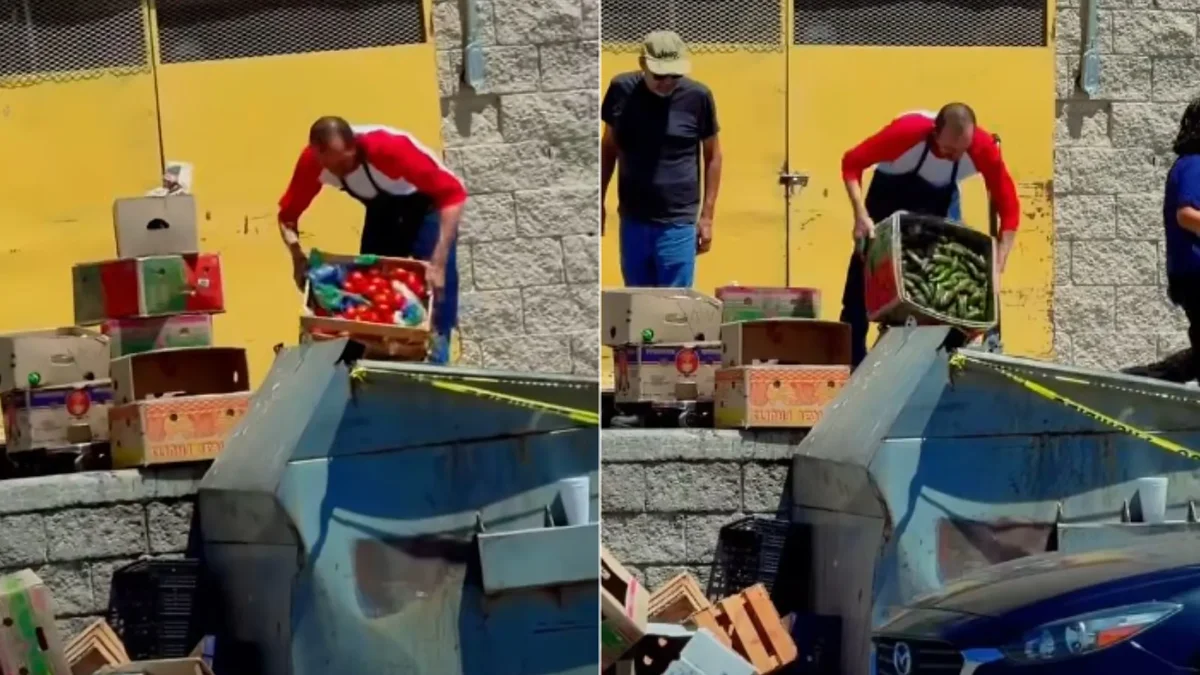 Empleado del Mercado de Abastos de Ciudad Juárez tira frutas y verduras en un contenedor
