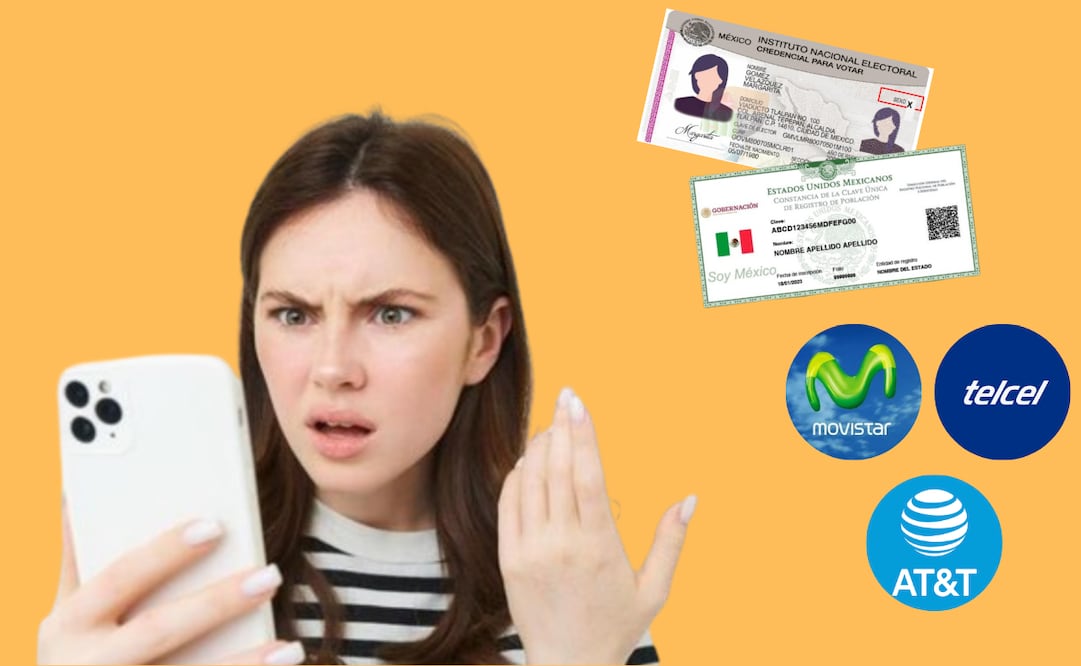 Teléfono celular junto a una representación de la CURP para el registro de líneas móviles