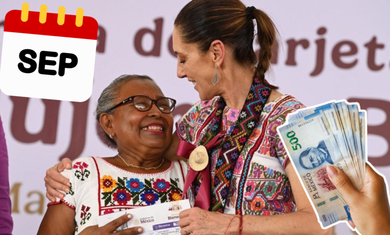 Pensión Bienestar septiembre 2026: calendario y pag0s 1 Tarjeta del Banco del Bienestar junto a un calendario de septiembre de 2026