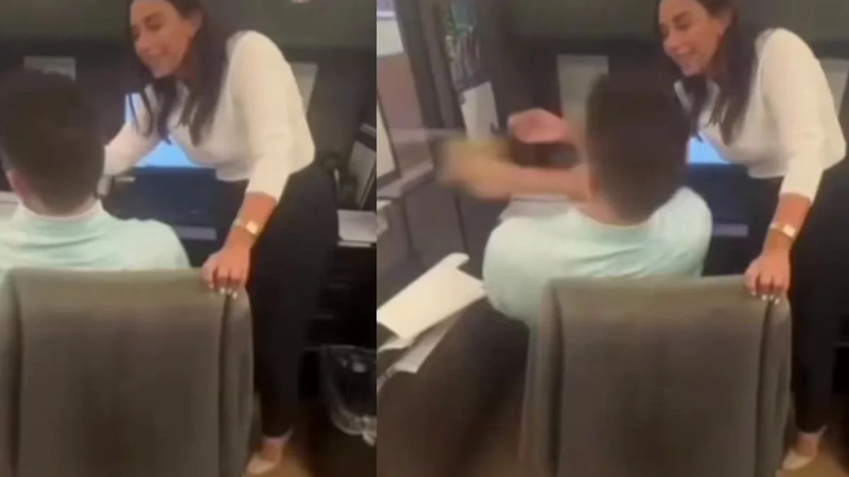 Compañera intenta darle fruta en la boca a un trabajador dentro de una oficina