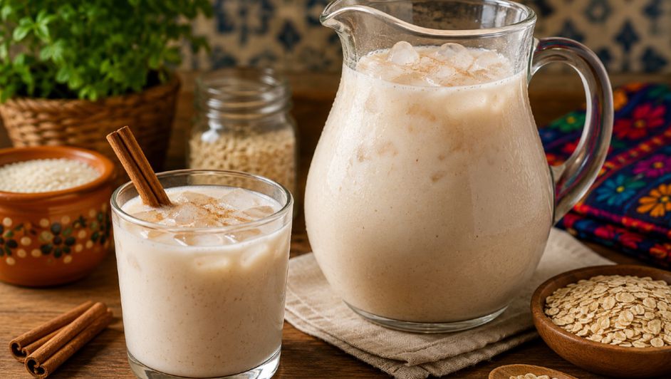 Jarra y vaso con agua de horchata con avena, hielo y canela