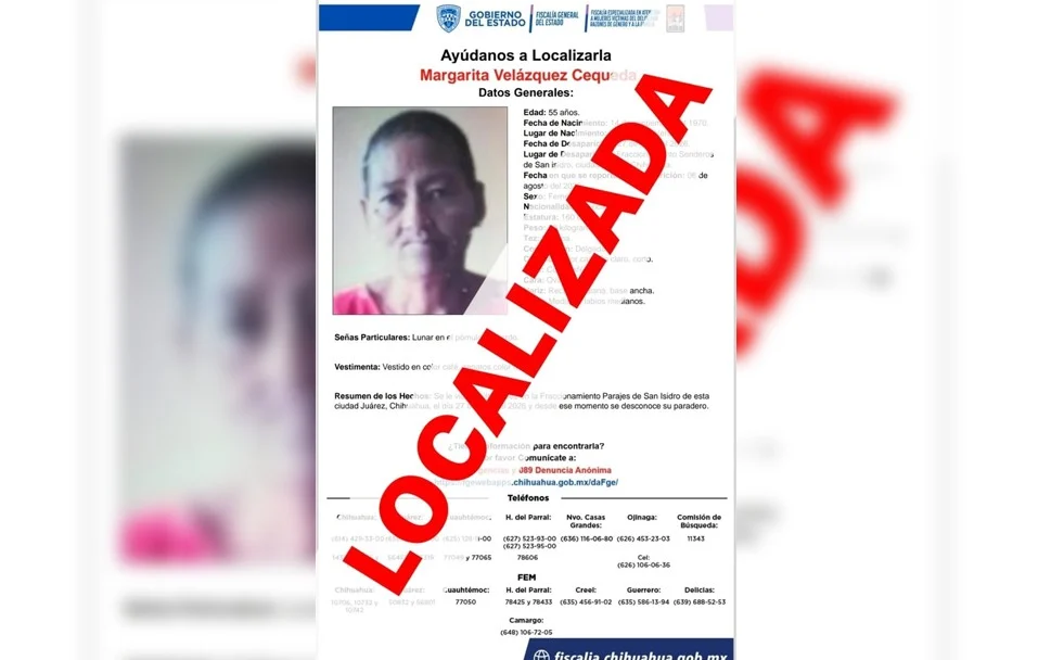 Localizan a mujer de 55 años reportada desaparecida en Ciudad Juárez