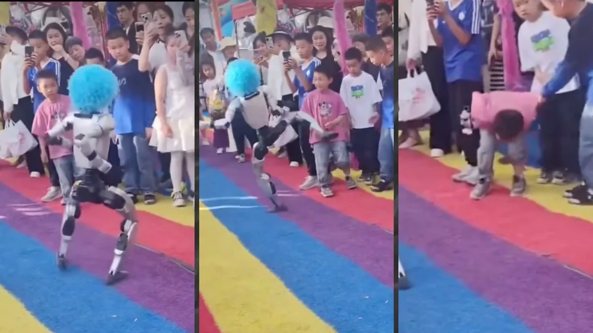 Robot humanoide con peluca azul durante una demostración en la que golpeó a un niño