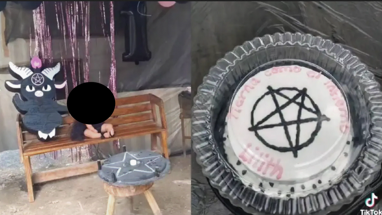 Video: Padres hacen fiesta de cumpleaños satánica a niña de un año y desata críticas 2 La celebración mostrada en TikTok incluyó una piñata de cabra, pentagramas y vestimenta negra; usuarios debatieron sobre la temática elegida para la menor.