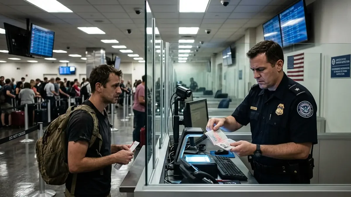 Pasajero presenta su visa estadounidense durante una revisión migratoria en un aeropuerto