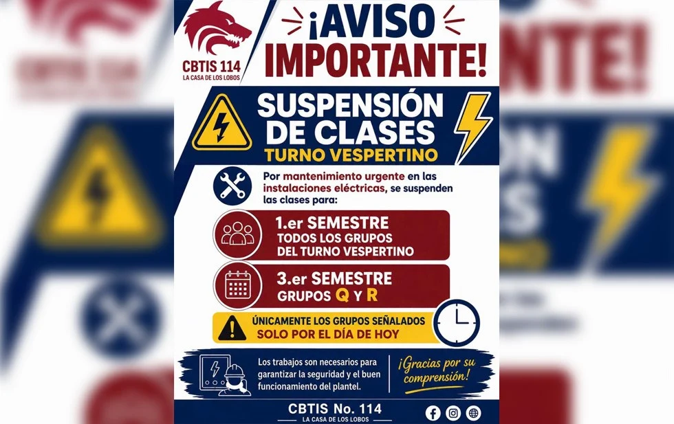 Suspenden clases vespertinas en CBTIS 114 por falta de luz