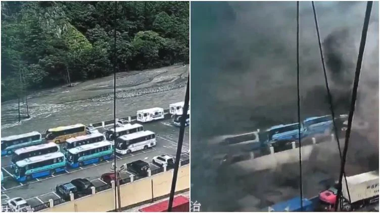 Una cámara de seguridad captó cómo una corriente de agua y lodo cubrió y desplazó varios vehículos estacionados en una terminal.
