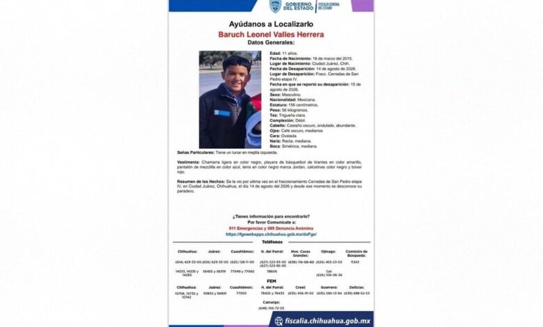 ¿Lo has visto? Buscan a niño de 11 años desaparecido en Ciudad Juárez 1 Ficha de búsqueda de Baruch Leonel Valles Herrera, niño de 11 años desaparecido en Ciudad Juárez