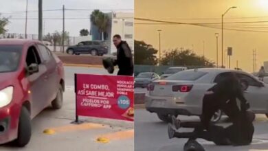 Conductor y motociclista durante una pelea frente a la UTCJ en Ciudad Juárez