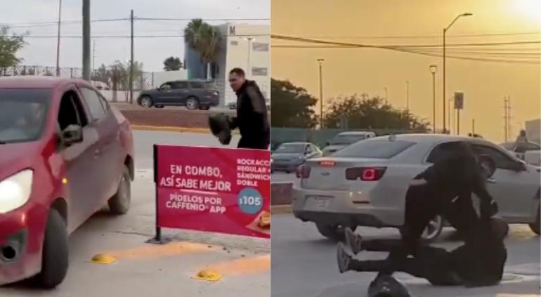 Intentó atropellar a biker frente a la UTCJ; bajó a pelear y ¡perdió! 1 Conductor y motociclista durante una pelea frente a la UTCJ en Ciudad Juárez