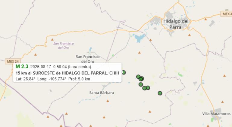 Hubo ocho sismos en Santa Bárbara en dos días; 2.7° el más fuerte 1 Ubicación de los sismos registrados en Santa Bárbara, Chihuahua