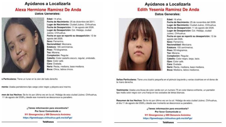 Buscan a las hermanas Edith y Alexa Ramírez, de 14 y 16 años 1 Alerta de búsqueda de las hermanas Edith Yesenia y Alexa Hermione Ramírez De Anda