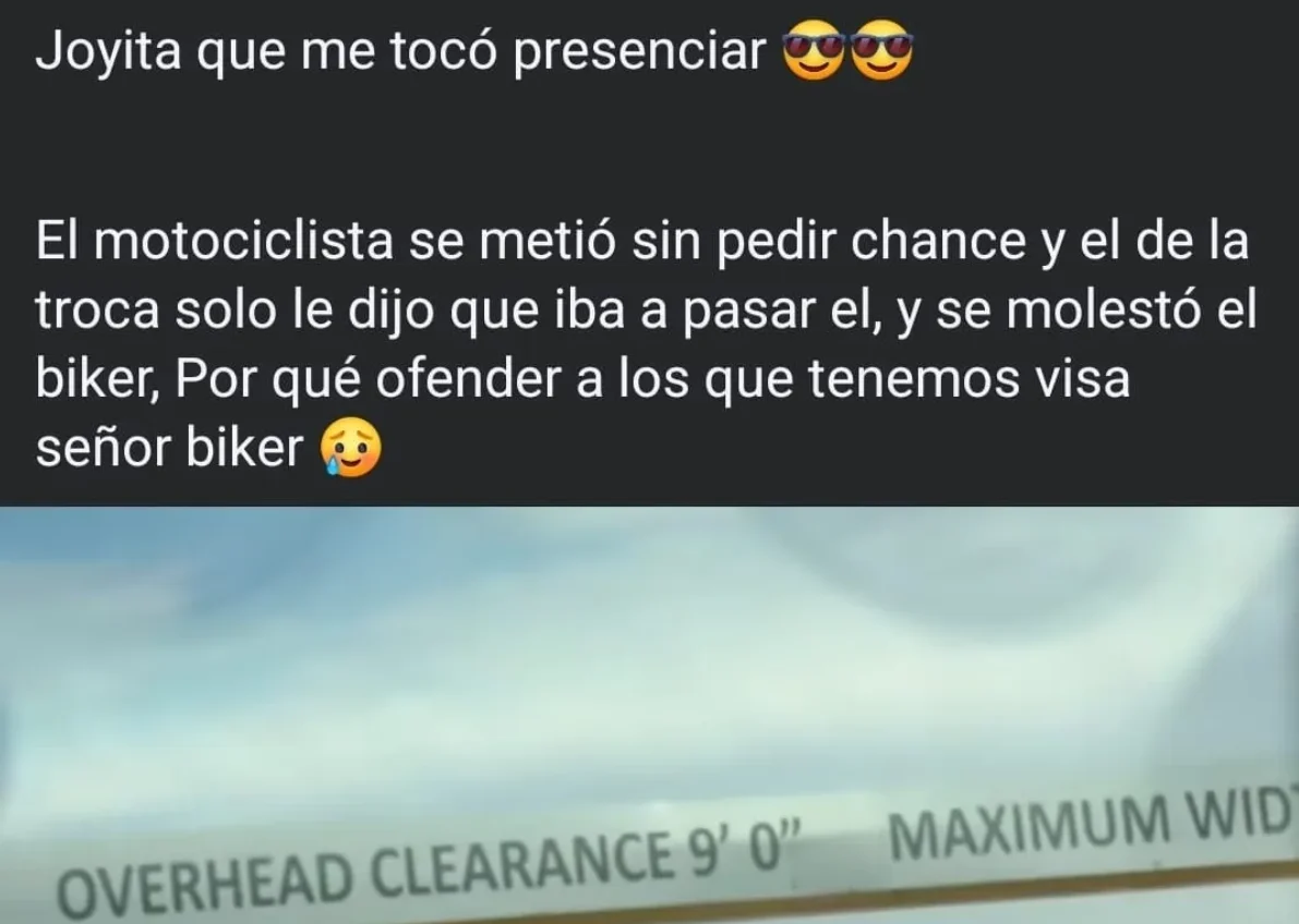 Biker cuestiona estatus migratorio de conductor por no darle paso en el puente Libre 2