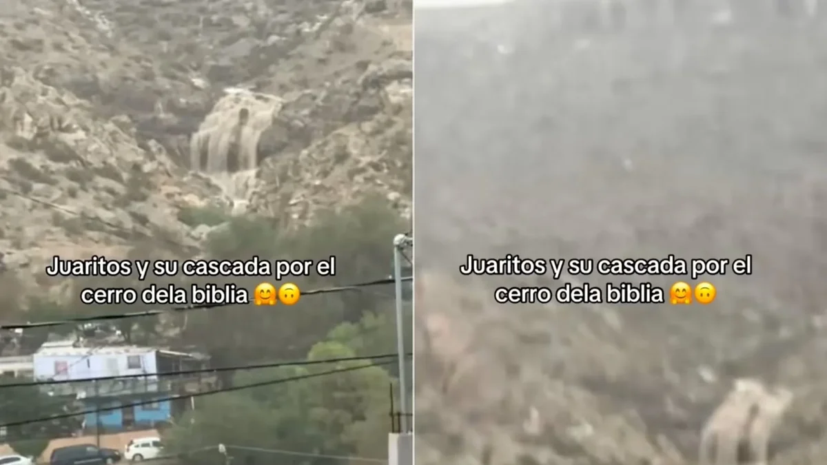 Cascada formada por las lluvias en el Cerro de la Biblia de Ciudad Juárez