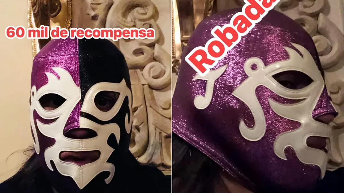 Máscara de colección morada y negra desaparecida del Museo de la Lucha Libre Juarense