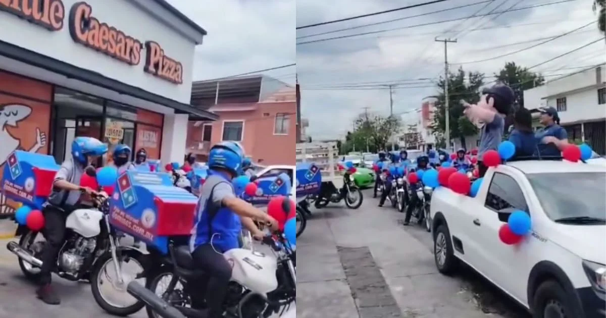 Repartidores de Domino’s en motocicletas frente a una sucursal de Little Caesars en Nuevo León