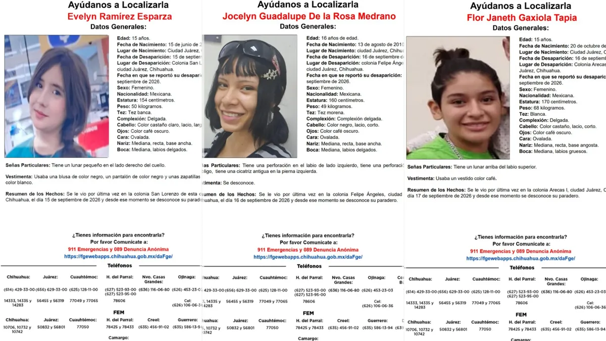 Reportes de búsqueda de tres adolescentes desaparecidas en Ciudad Juárez