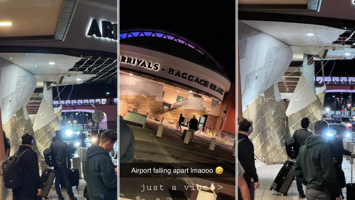 Toldo derrumbado en la entrada principal del Aeropuerto Internacional de El Paso