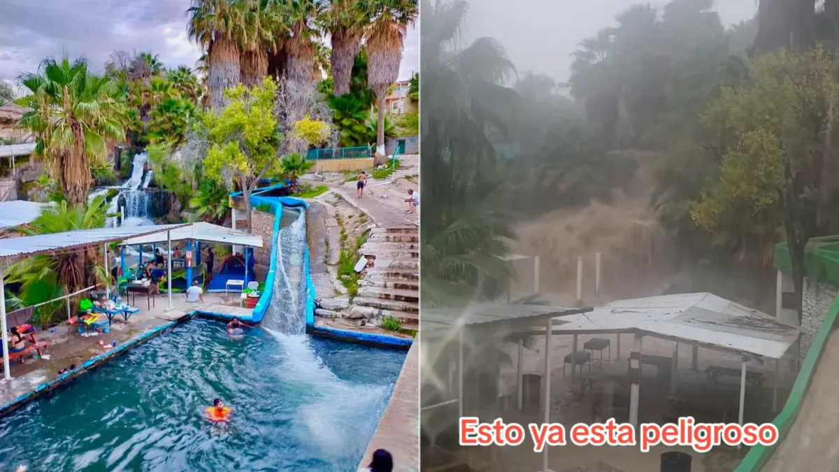 Agua corre por un tobogán del balneario Los Filtros en Camargo tras las lluvias