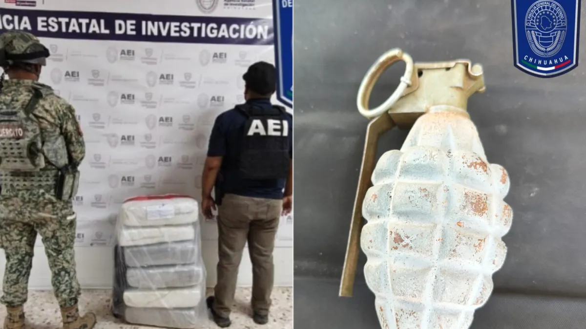 Paquetes con presunta marihuana y una granada asegurados en la colonia Robinson de Chihuahua