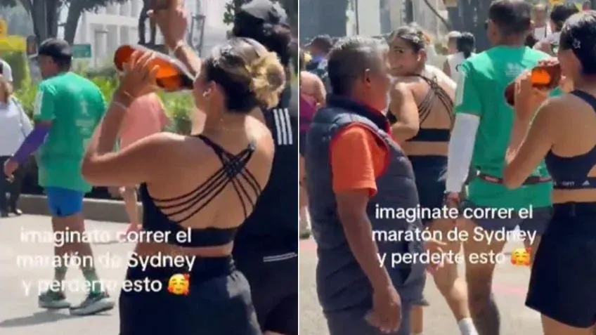 Espectadores ofrecen cerveza a corredores durante el Maratón de la Ciudad de México