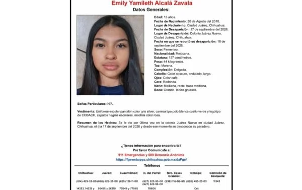 Ficha de búsqueda de Emily Yamileth Alcalá Zavala en Ciudad Juárez